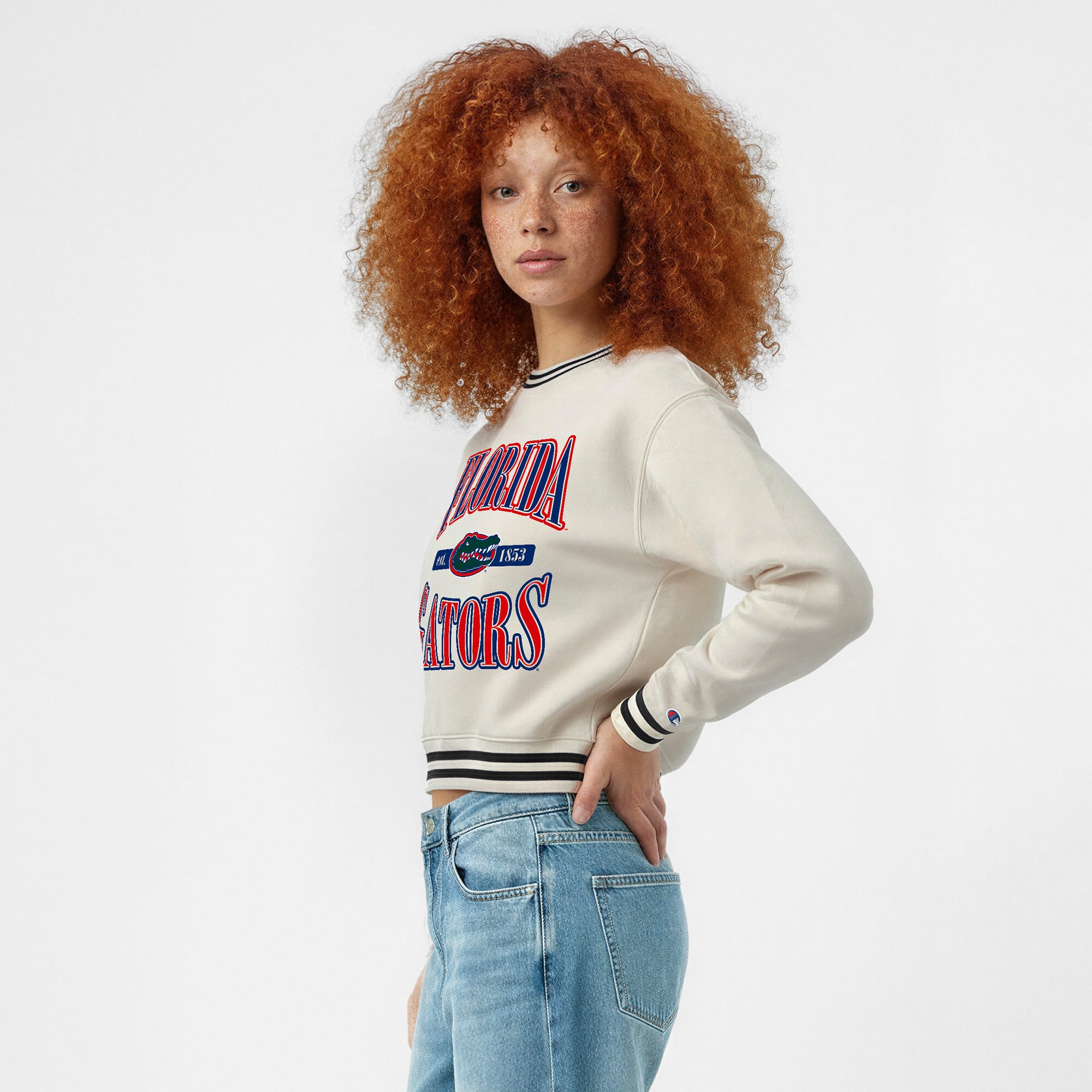 Women's Champion  White Florida Gators Yarn Dye Rib Reverse Weave Crew Sweatshirt